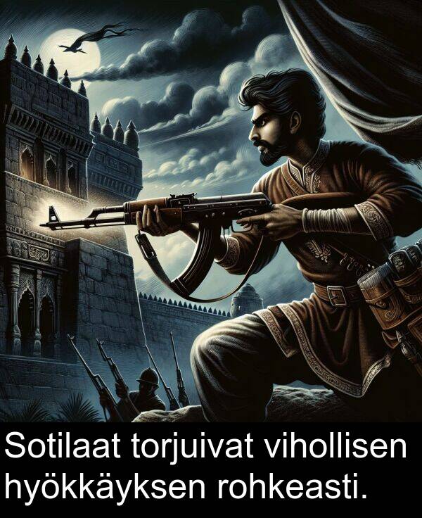 vihollisen: Sotilaat torjuivat vihollisen hyökkäyksen rohkeasti.