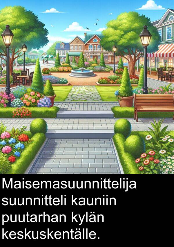suunnitteli: Maisemasuunnittelija suunnitteli kauniin puutarhan kylän keskuskentälle.