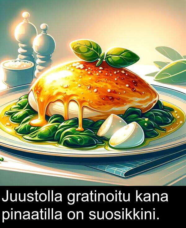 gratinoitu: Juustolla gratinoitu kana pinaatilla on suosikkini.