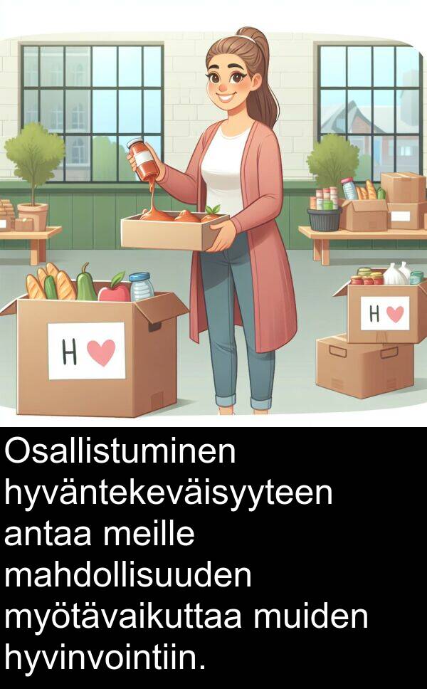 mahdollisuuden: Osallistuminen hyväntekeväisyyteen antaa meille mahdollisuuden myötävaikuttaa muiden hyvinvointiin.