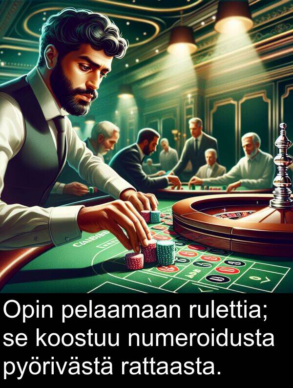 pelaamaan: Opin pelaamaan rulettia; se koostuu numeroidusta pyörivästä rattaasta.