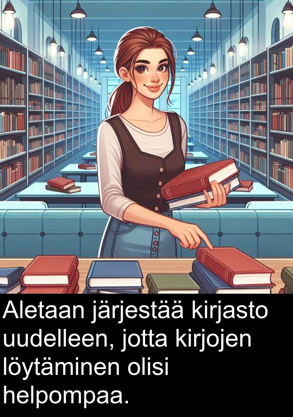 uudelleen: Aletaan järjestää kirjasto uudelleen, jotta kirjojen löytäminen olisi helpompaa.