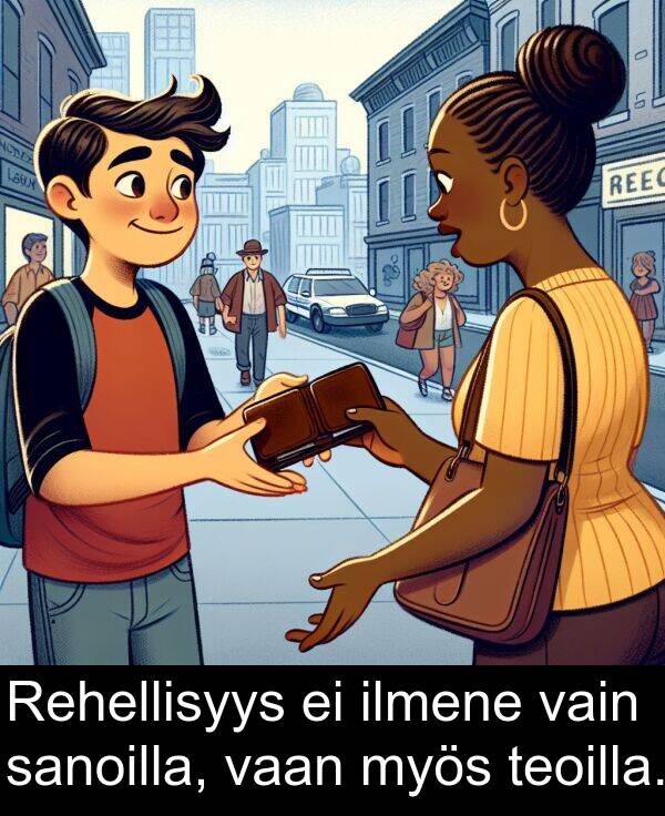 sanoilla: Rehellisyys ei ilmene vain sanoilla, vaan myös teoilla.