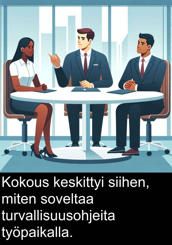 soveltaa: Kokous keskittyi siihen, miten soveltaa turvallisuusohjeita työpaikalla.