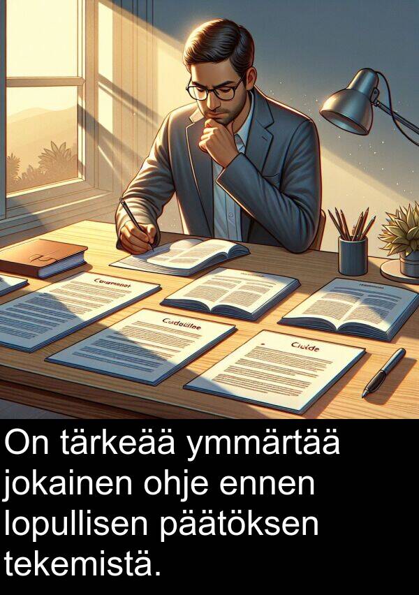 jokainen: On tärkeää ymmärtää jokainen ohje ennen lopullisen päätöksen tekemistä.