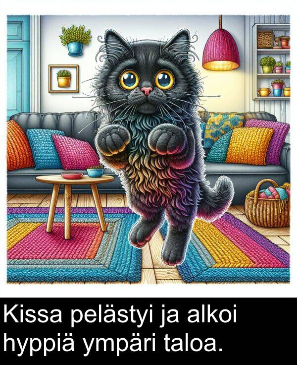 taloa: Kissa pelästyi ja alkoi hyppiä ympäri taloa.