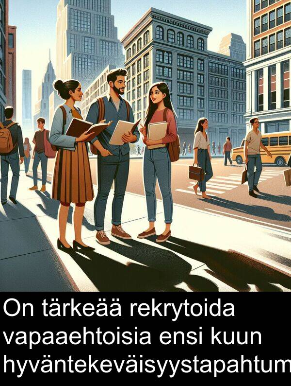 vapaaehtoisia: On tärkeää rekrytoida vapaaehtoisia ensi kuun hyväntekeväisyystapahtumaan.