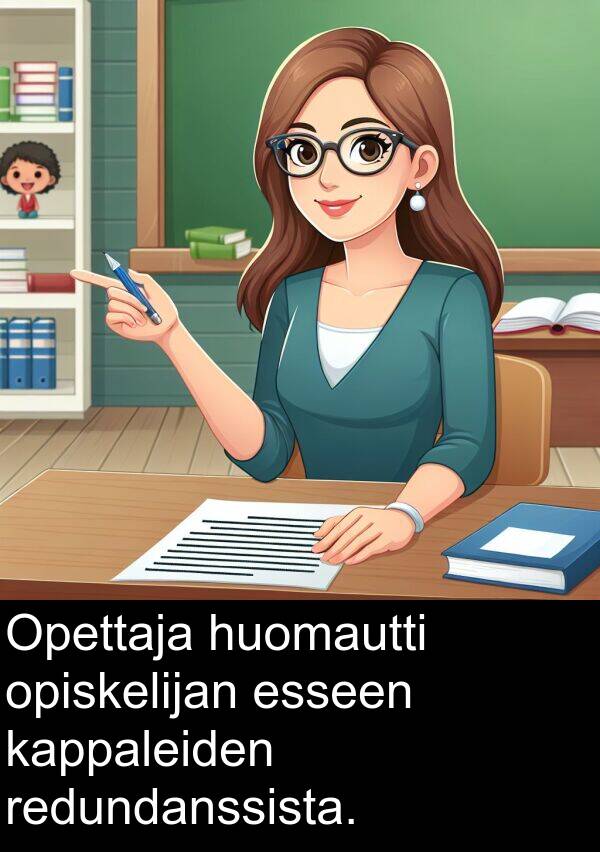 huomautti: Opettaja huomautti opiskelijan esseen kappaleiden redundanssista.