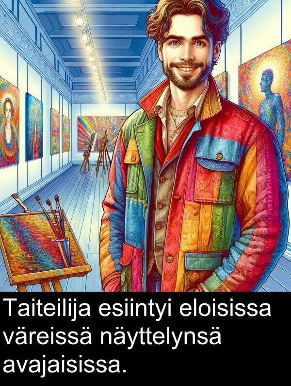 näyttelynsä: Taiteilija esiintyi eloisissa väreissä näyttelynsä avajaisissa.