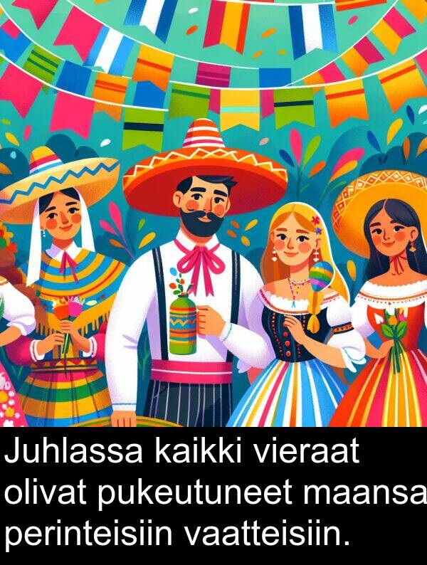 vaatteisiin: Juhlassa kaikki vieraat olivat pukeutuneet maansa perinteisiin vaatteisiin.