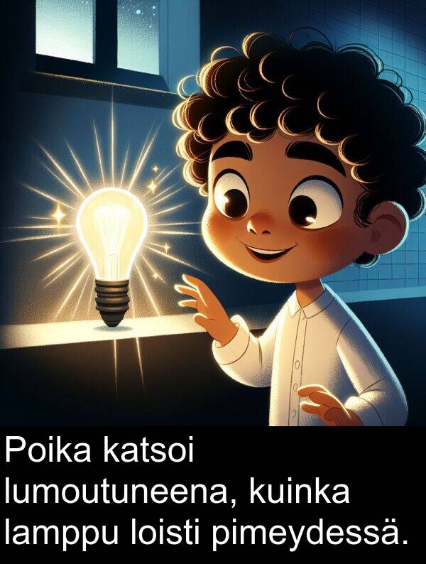 katsoi: Poika katsoi lumoutuneena, kuinka lamppu loisti pimeydessä.