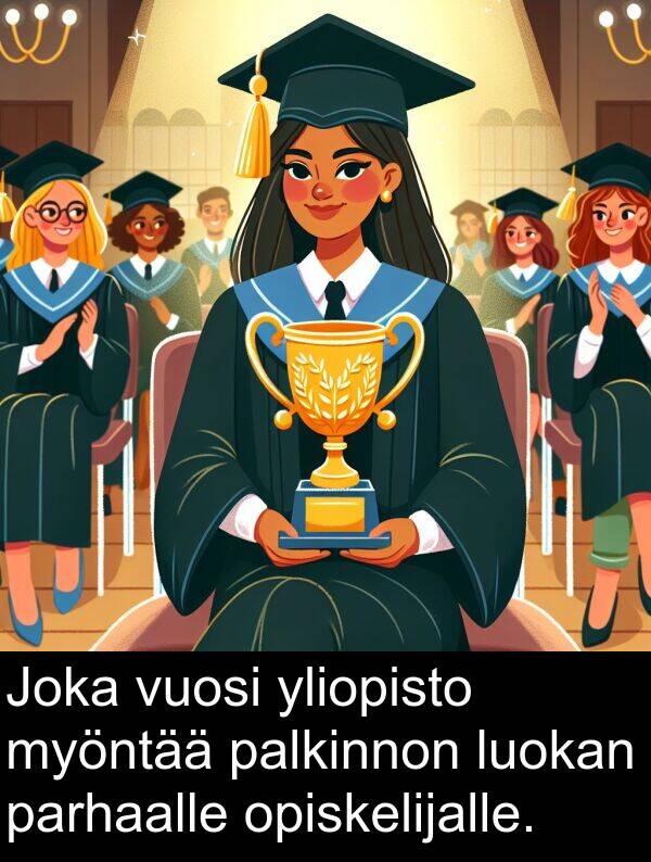 vuosi: Joka vuosi yliopisto myöntää palkinnon luokan parhaalle opiskelijalle.