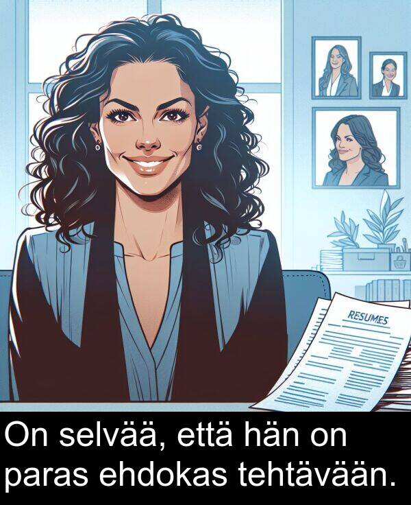 selvää: On selvää, että hän on paras ehdokas tehtävään.