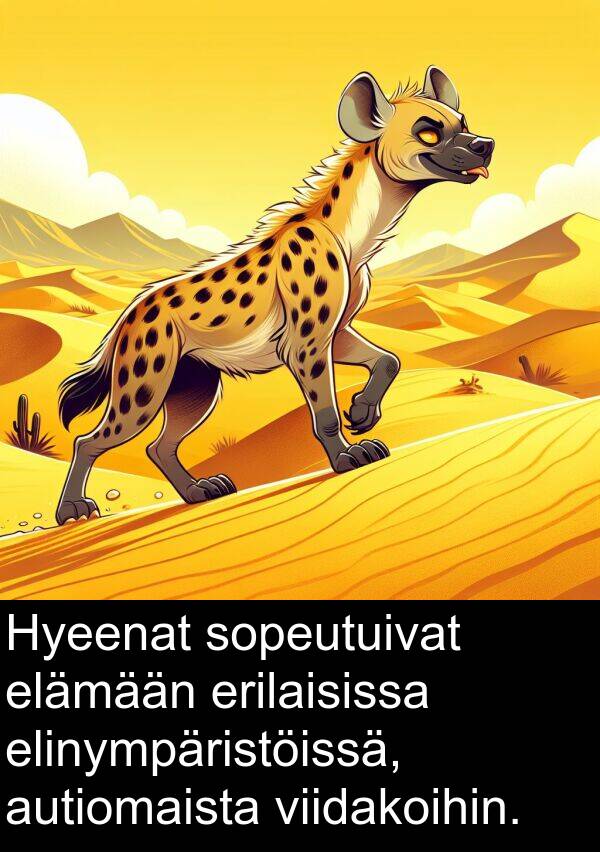sopeutuivat: Hyeenat sopeutuivat elämään erilaisissa elinympäristöissä, autiomaista viidakoihin.