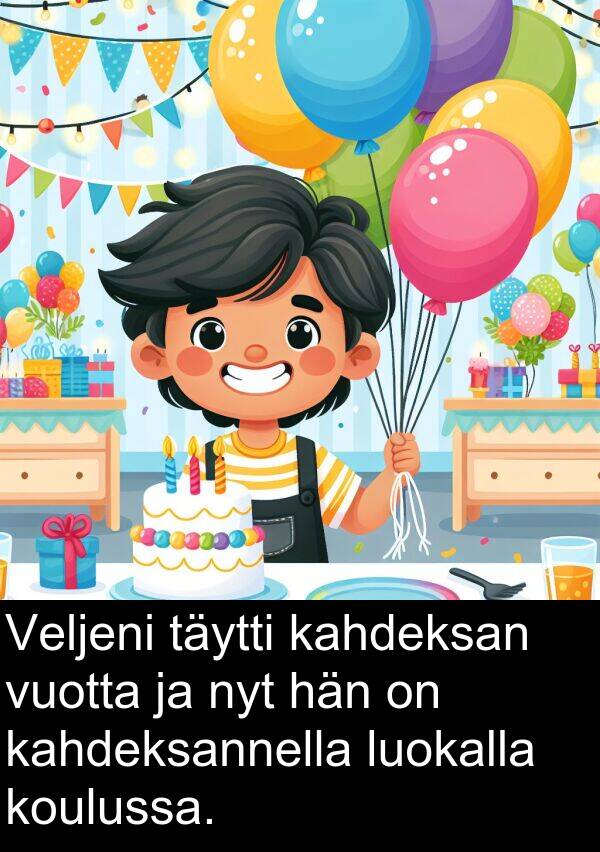 vuotta: Veljeni täytti kahdeksan vuotta ja nyt hän on kahdeksannella luokalla koulussa.
