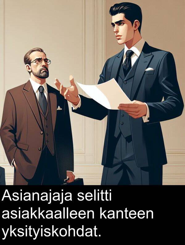 selitti: Asianajaja selitti asiakkaalleen kanteen yksityiskohdat.