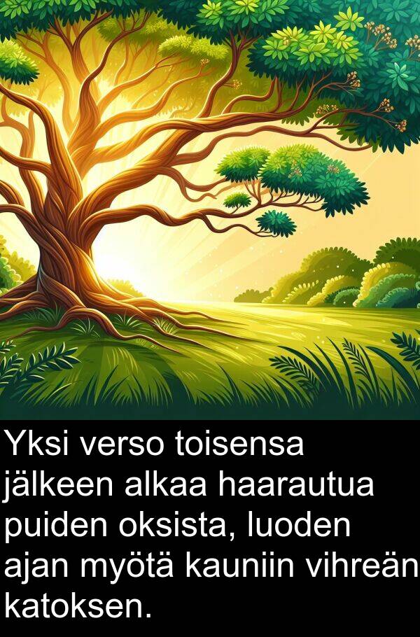 myötä: Yksi verso toisensa jälkeen alkaa haarautua puiden oksista, luoden ajan myötä kauniin vihreän katoksen.