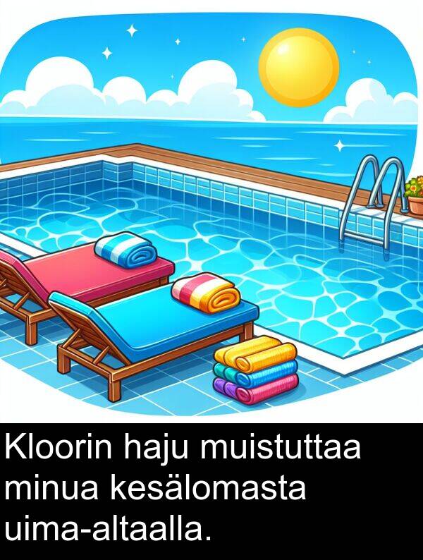 muistuttaa: Kloorin haju muistuttaa minua kesälomasta uima-altaalla.
