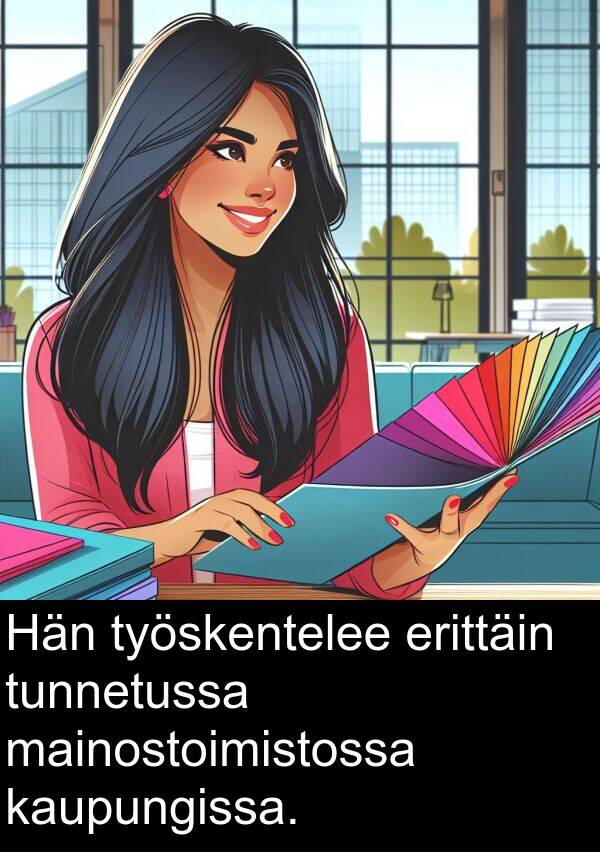 kaupungissa: Hän työskentelee erittäin tunnetussa mainostoimistossa kaupungissa.