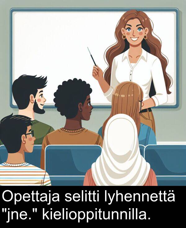 selitti: Opettaja selitti lyhennettä "jne." kielioppitunnilla.