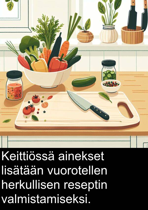 vuorotellen: Keittiössä ainekset lisätään vuorotellen herkullisen reseptin valmistamiseksi.