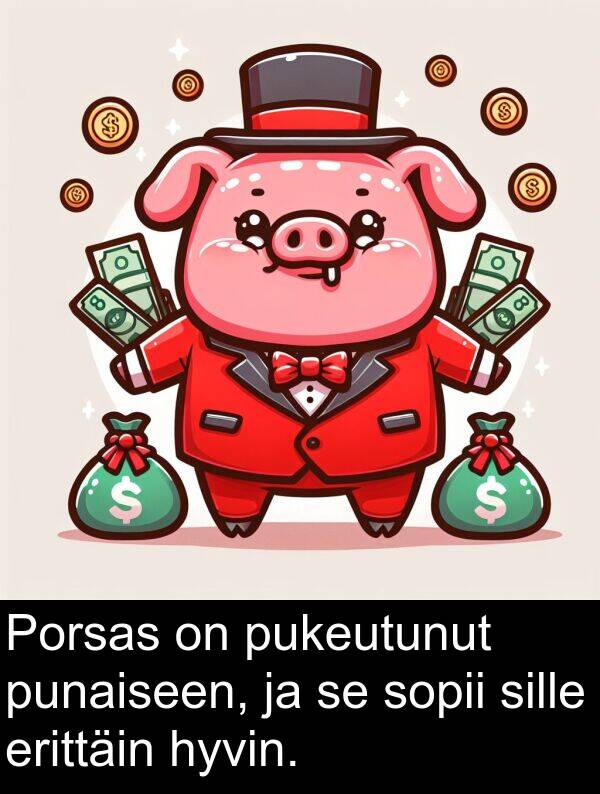 sille: Porsas on pukeutunut punaiseen, ja se sopii sille erittäin hyvin.