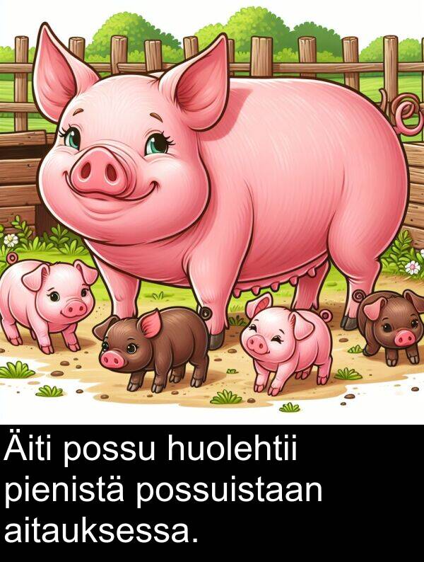 pienistä: Äiti possu huolehtii pienistä possuistaan aitauksessa.