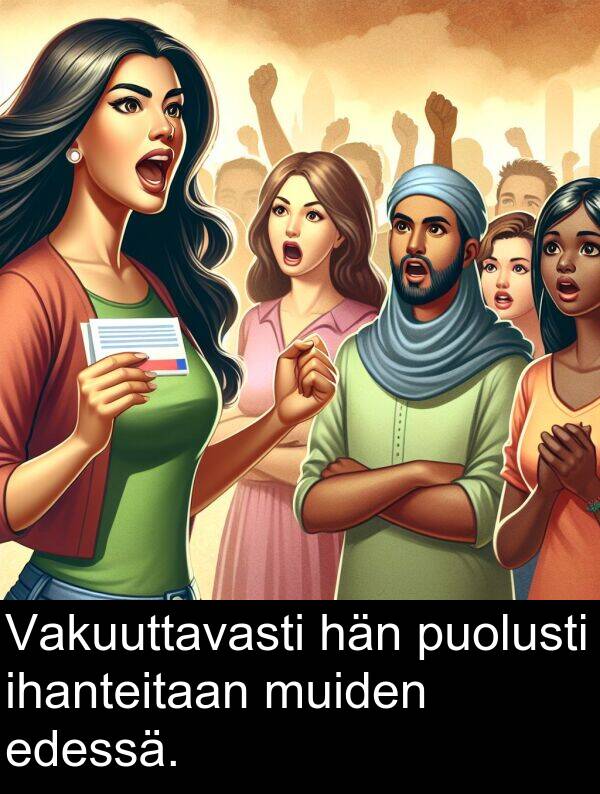 ihanteitaan: Vakuuttavasti hän puolusti ihanteitaan muiden edessä.