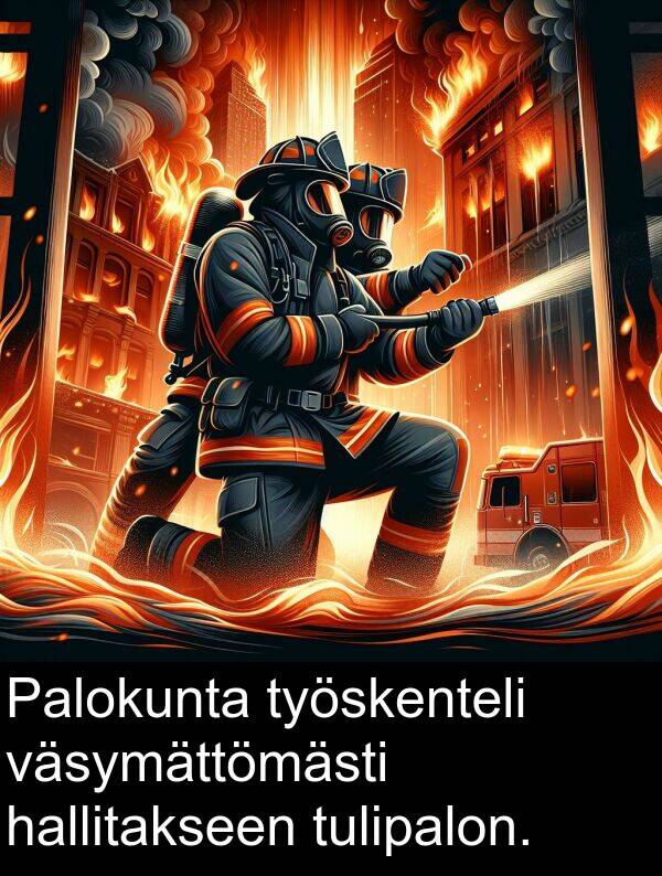 väsymättömästi: Palokunta työskenteli väsymättömästi hallitakseen tulipalon.