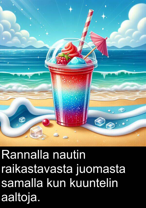 samalla: Rannalla nautin raikastavasta juomasta samalla kun kuuntelin aaltoja.