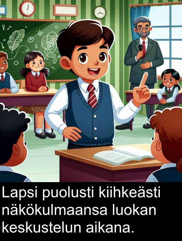 näkökulmaansa: Lapsi puolusti kiihkeästi näkökulmaansa luokan keskustelun aikana.