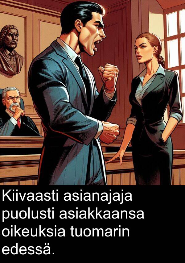 oikeuksia: Kiivaasti asianajaja puolusti asiakkaansa oikeuksia tuomarin edessä.