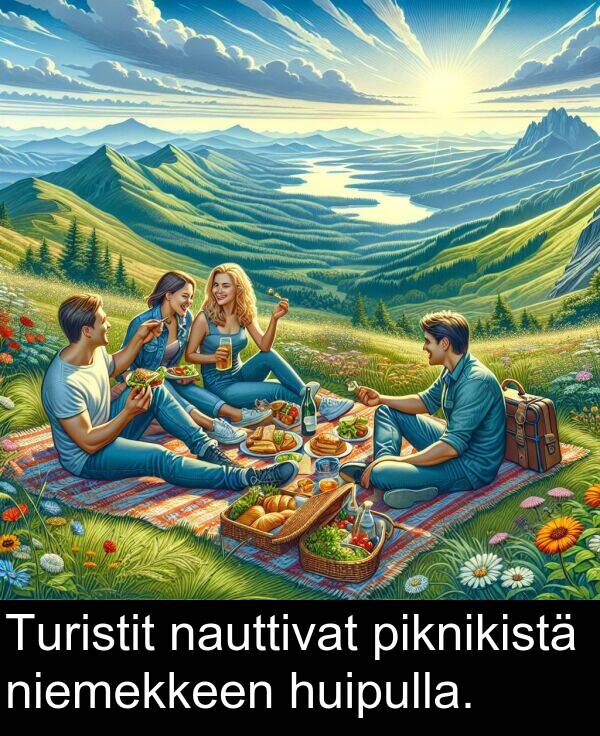 piknikistä: Turistit nauttivat piknikistä niemekkeen huipulla.