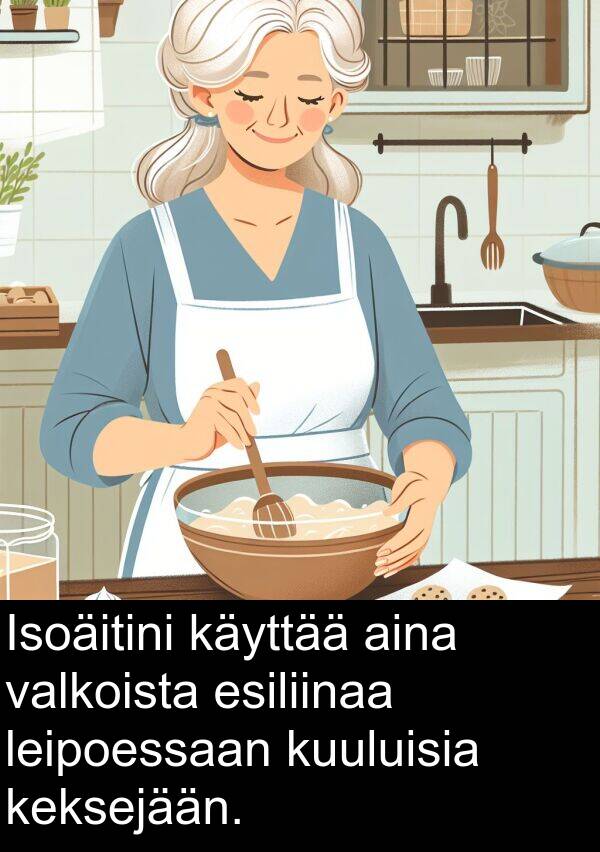 leipoessaan: Isoäitini käyttää aina valkoista esiliinaa leipoessaan kuuluisia keksejään.