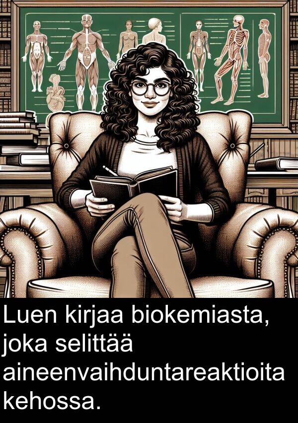 kirjaa: Luen kirjaa biokemiasta, joka selittää aineenvaihduntareaktioita kehossa.
