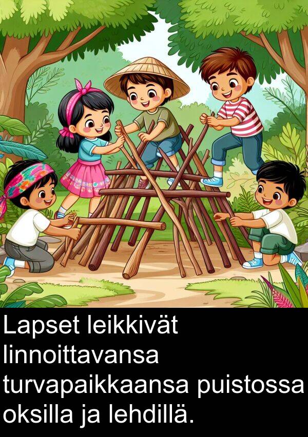 puistossa: Lapset leikkivät linnoittavansa turvapaikkaansa puistossa oksilla ja lehdillä.