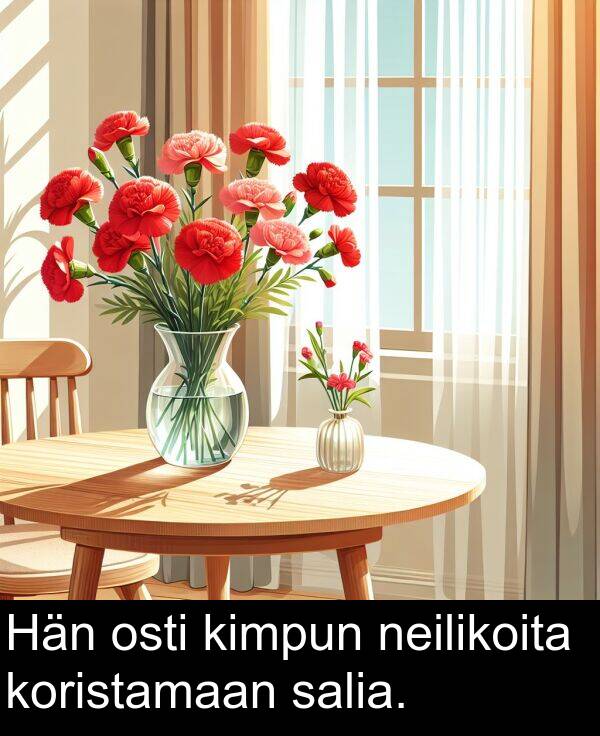 salia: Hän osti kimpun neilikoita koristamaan salia.