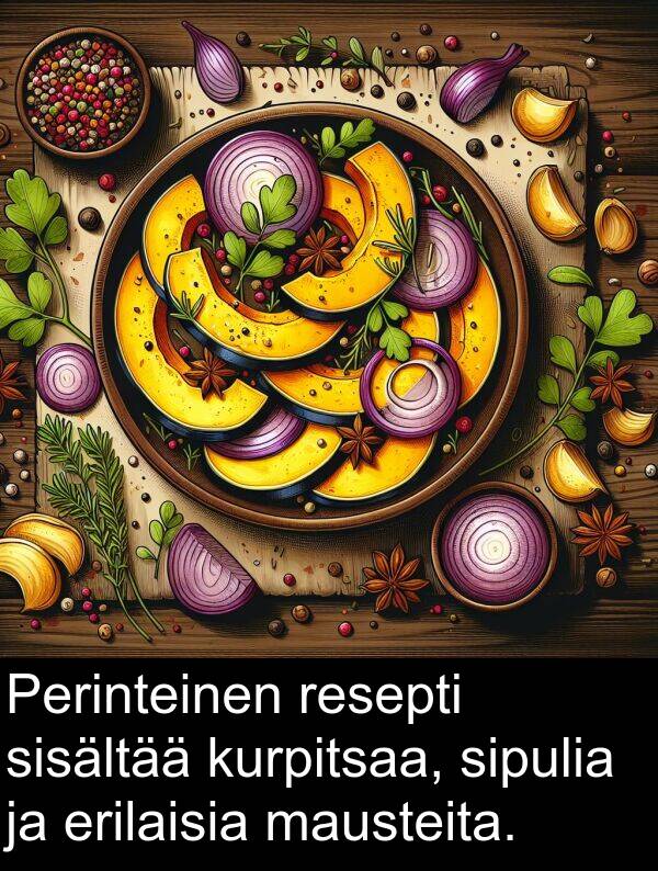 sisältää: Perinteinen resepti sisältää kurpitsaa, sipulia ja erilaisia mausteita.