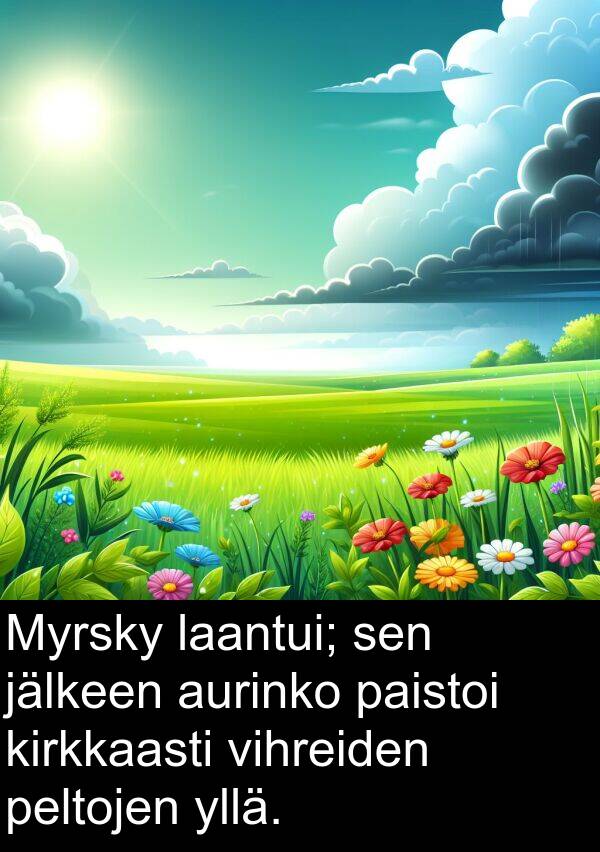 laantui: Myrsky laantui; sen jälkeen aurinko paistoi kirkkaasti vihreiden peltojen yllä.