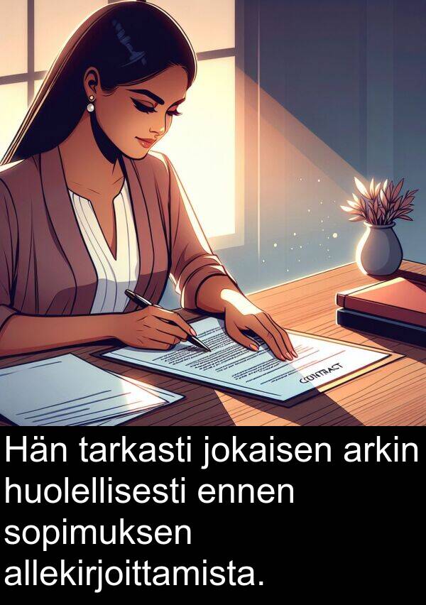 jokaisen: Hän tarkasti jokaisen arkin huolellisesti ennen sopimuksen allekirjoittamista.