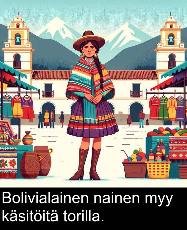 nainen: Bolivialainen nainen myy käsitöitä torilla.