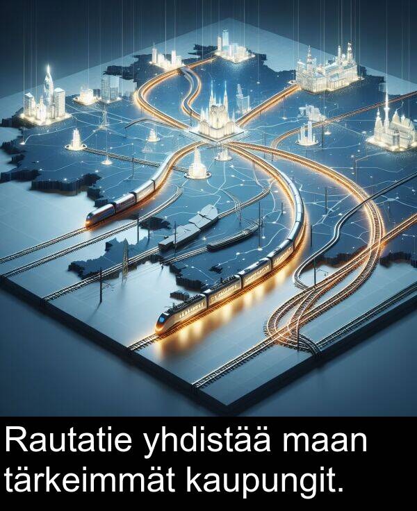 yhdistää: Rautatie yhdistää maan tärkeimmät kaupungit.