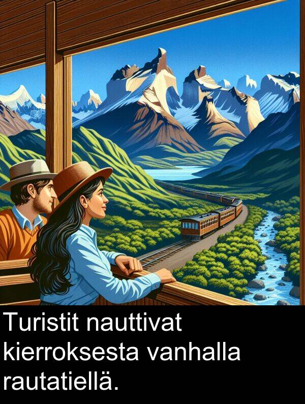 nauttivat: Turistit nauttivat kierroksesta vanhalla rautatiellä.
