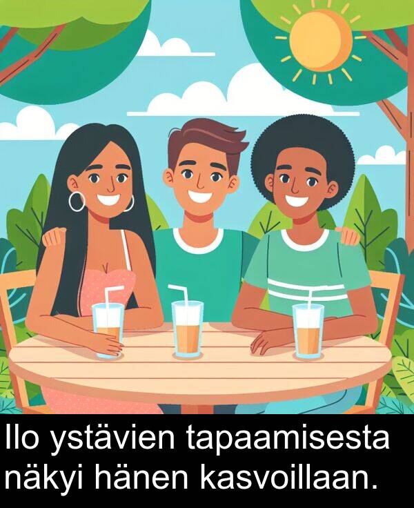 näkyi: Ilo ystävien tapaamisesta näkyi hänen kasvoillaan.