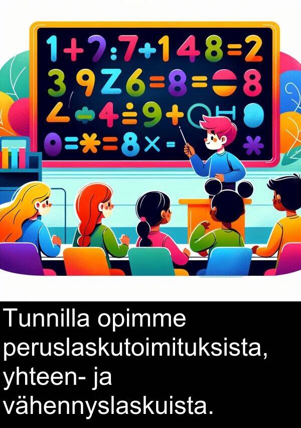 yhteen: Tunnilla opimme peruslaskutoimituksista, yhteen- ja vähennyslaskuista.