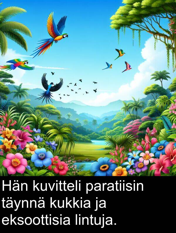 lintuja: Hän kuvitteli paratiisin täynnä kukkia ja eksoottisia lintuja.