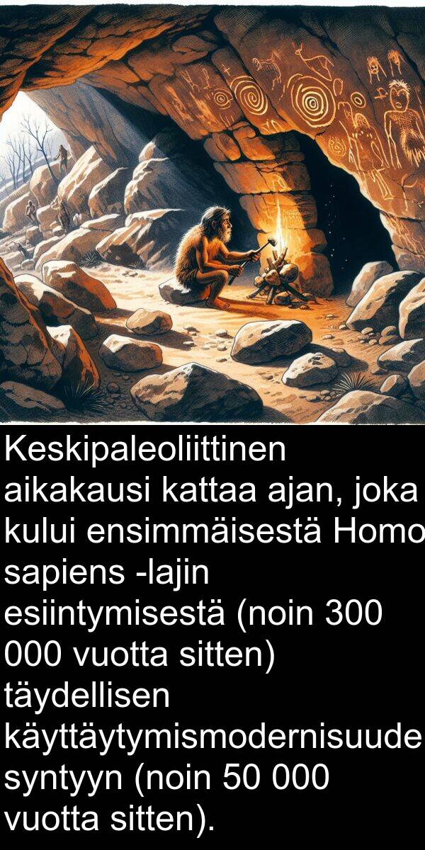 vuotta: Keskipaleoliittinen aikakausi kattaa ajan, joka kului ensimmäisestä Homo sapiens -lajin esiintymisestä (noin 300 000 vuotta sitten) täydellisen käyttäytymismodernisuuden syntyyn (noin 50 000 vuotta sitten).