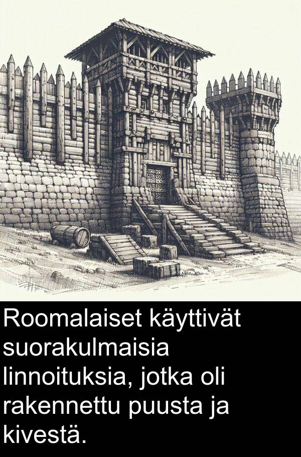 suorakulmaisia: Roomalaiset käyttivät suorakulmaisia linnoituksia, jotka oli rakennettu puusta ja kivestä.