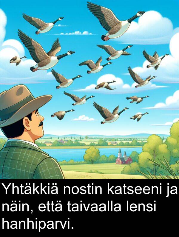 taivaalla: Yhtäkkiä nostin katseeni ja näin, että taivaalla lensi hanhiparvi.