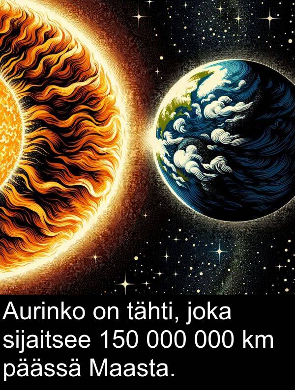 sijaitsee: Aurinko on tähti, joka sijaitsee 150 000 000 km päässä Maasta.